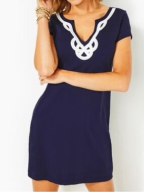 Lilly Pulitzer Brewster Solid Tshirt Dress Navy Blue White Trim XS